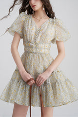 Printed V-neck tutu mini dress in Daisy Yellow