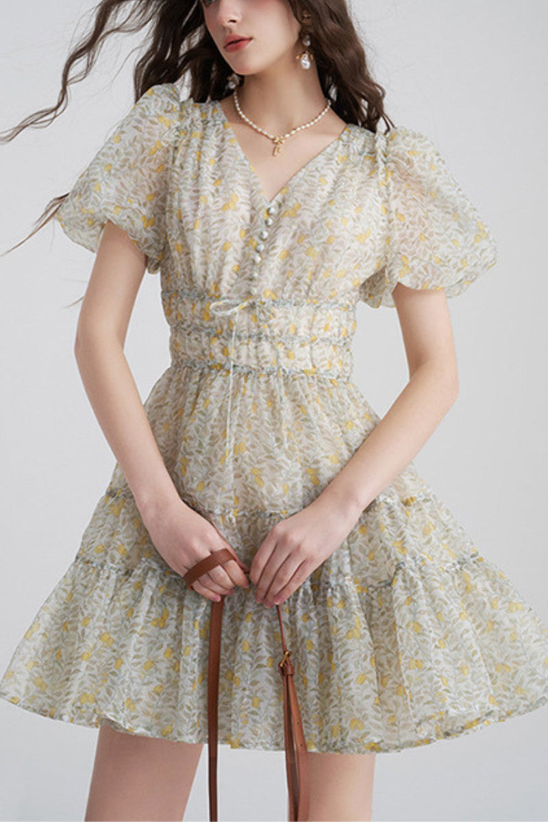 Printed V-neck tutu mini dress in Daisy Yellow