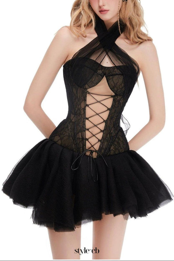 amelia Halter neck tube top with cross straps mini dress in black