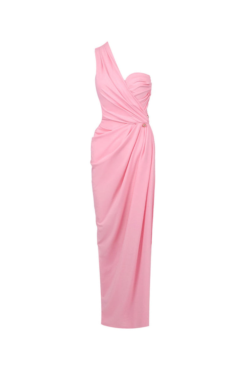 bess One-shoulder slant neck pleated maxi dress in pink