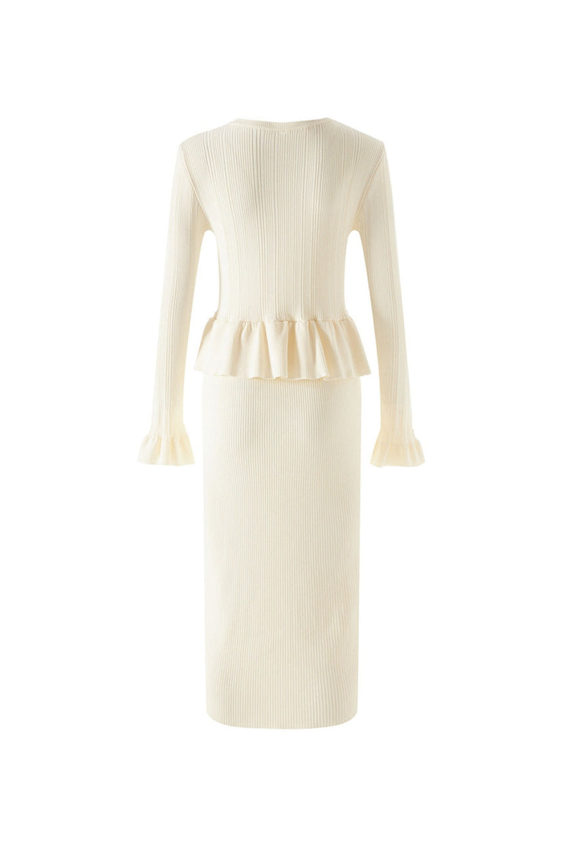 caroline Asymmetric Knit Midi Dress in beige