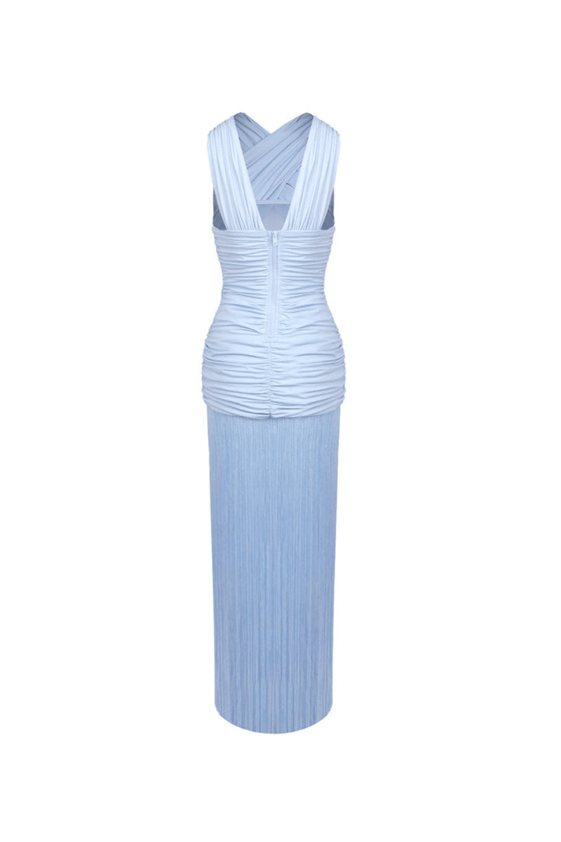 Fringe Mesh Ruched Maxi Dress