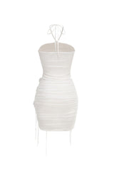 helen Halter Ruched Mesh Floral Mini Dress in white