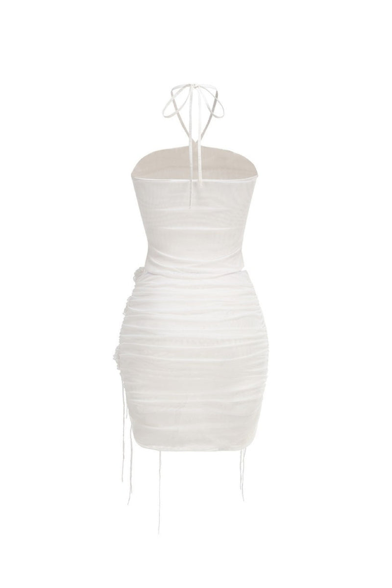 helen Halter Ruched Mesh Floral Mini Dress in white
