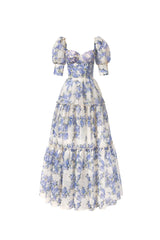 Hydrangea print Voluminous Sleeves maxi Dress in blue