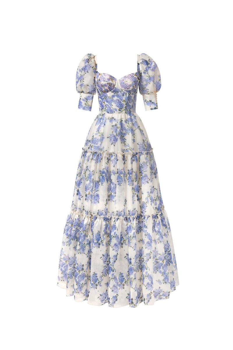 Hydrangea print Voluminous Sleeves maxi Dress in blue