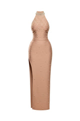 irene Halter Pearl Embellished Maxi Dress in Nude