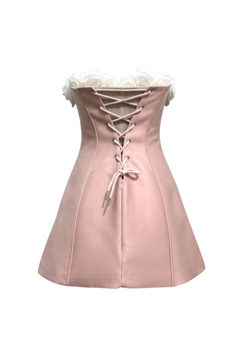 gladys Strapless 3d Floral Corset A-Line Dress in Pink