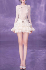 eudora lace embroidery ruched trim mini dress in white