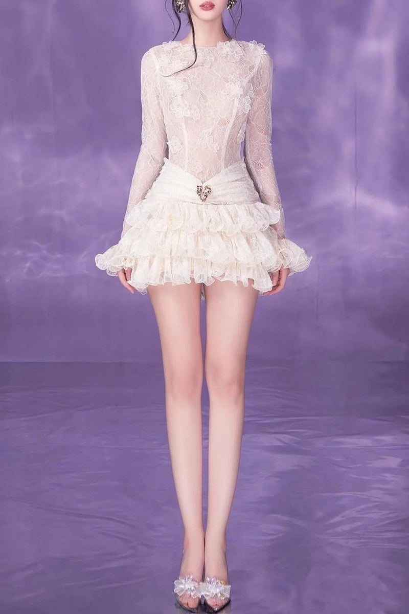 eudora lace embroidery ruched trim mini dress in white