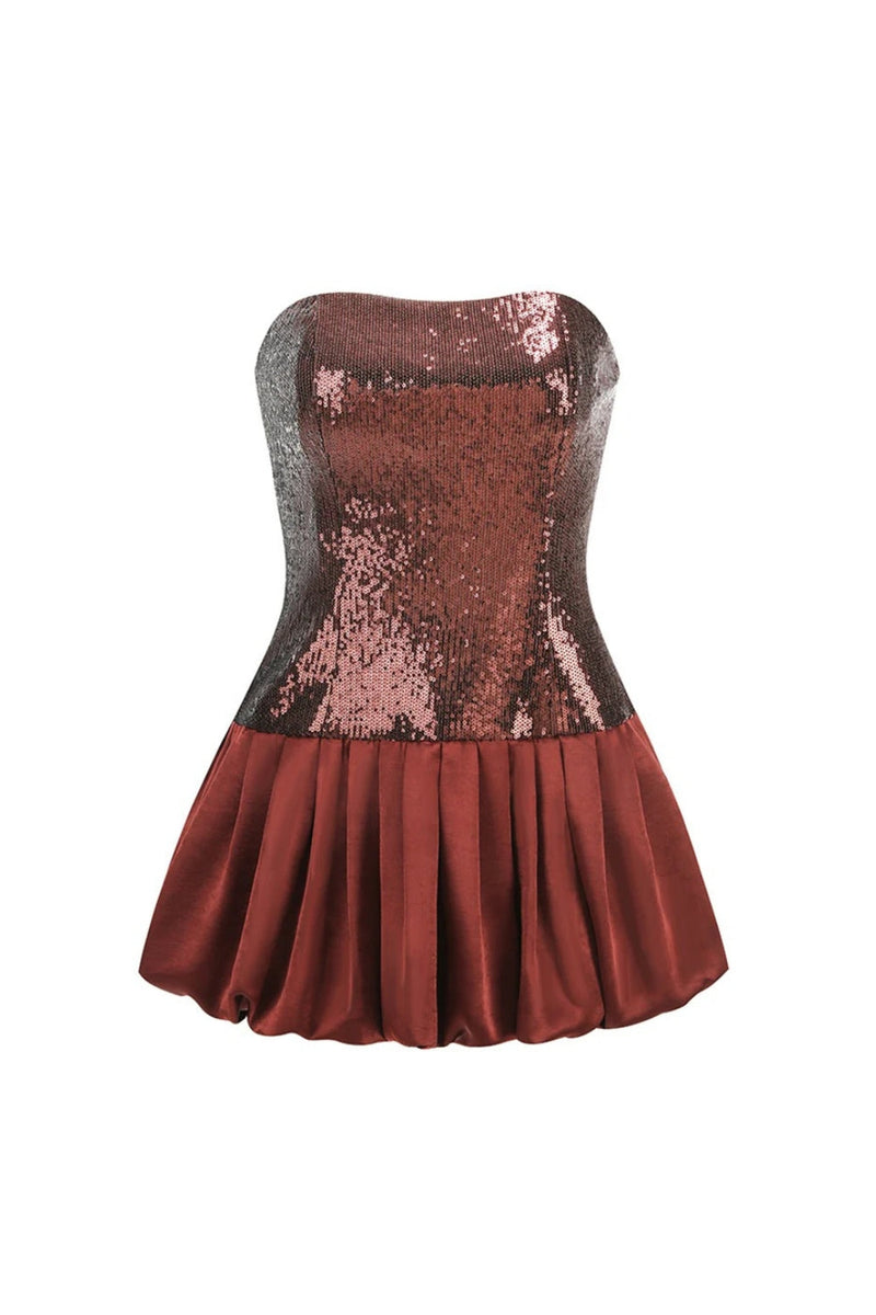 Strapless Sequin Bubble Mini Dress in brown