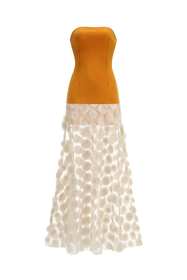 Nodin Strapless Dot Mesh Maxi Dress in orange
