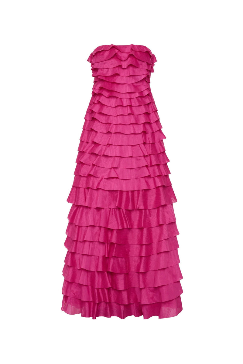 cathy Pleated layer strapless maxi dress in rose red