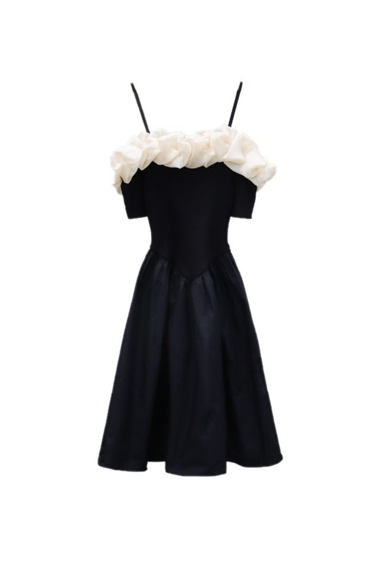 off-shoulder ruffle trim suspender mini dress in black