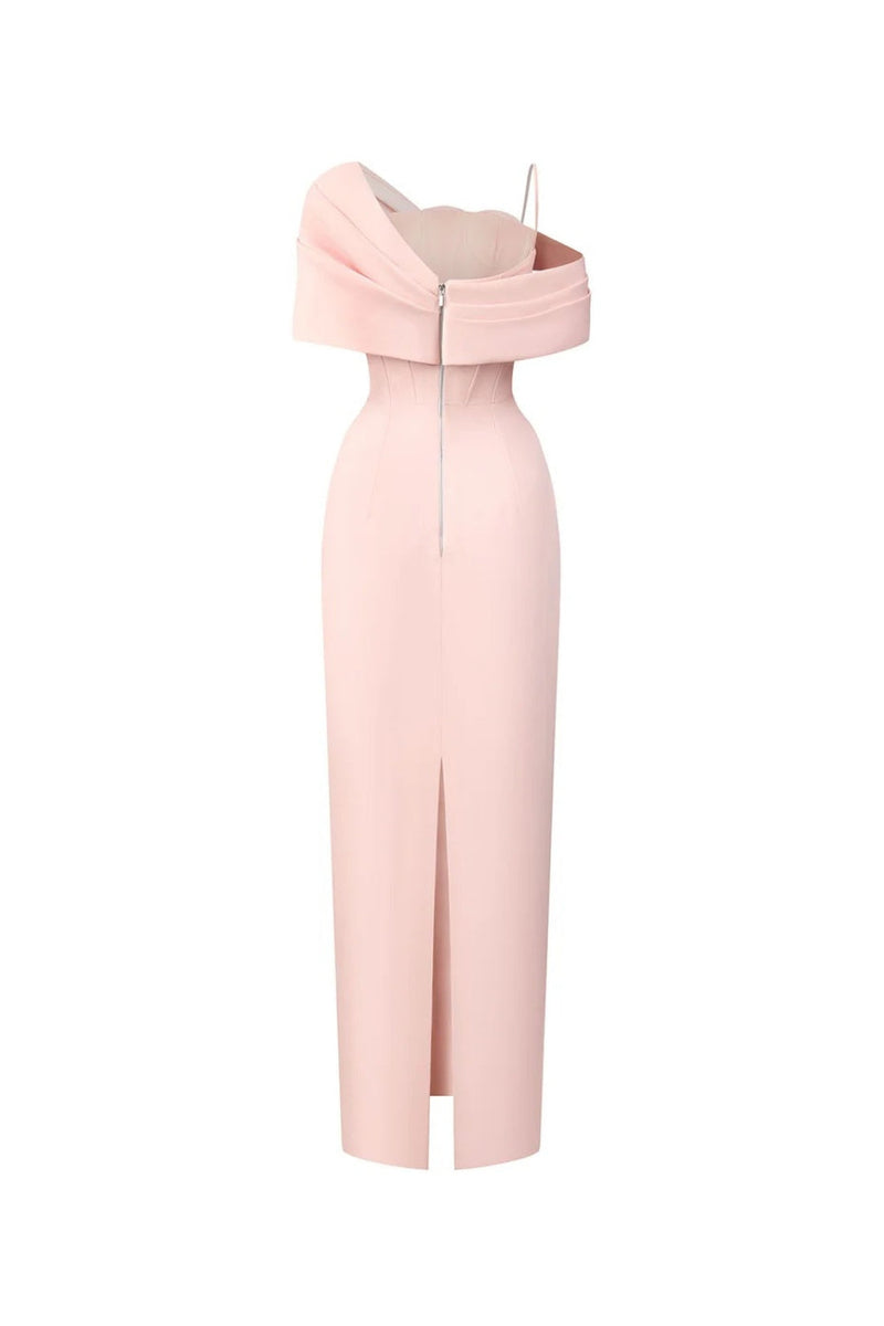 leona Sheath Asymmetric Shoulder Taffeta Ankle maxi Dress in pink
