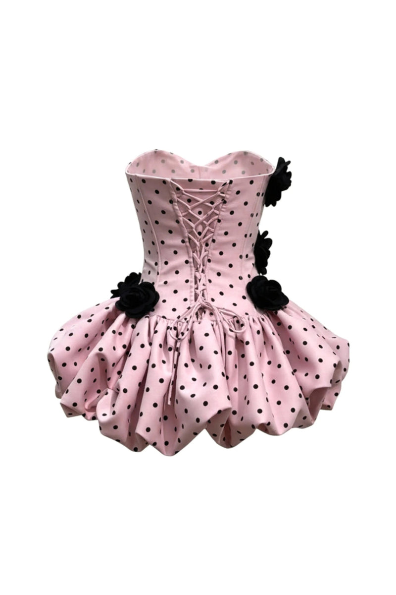Polka Dot Strapless flower Corset Puff Mini Dress In Pink