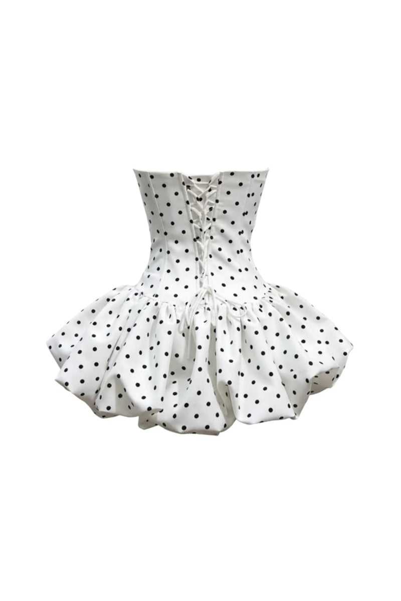 Polka Dot Strapless flower Corset Puff Mini Dress In white