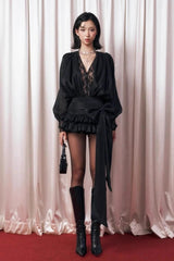 cornelia V Neck Lace Bow Mini Dress in black