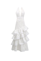 hazel white Deep V-neck halterneck layer ruffle trim maxi dress