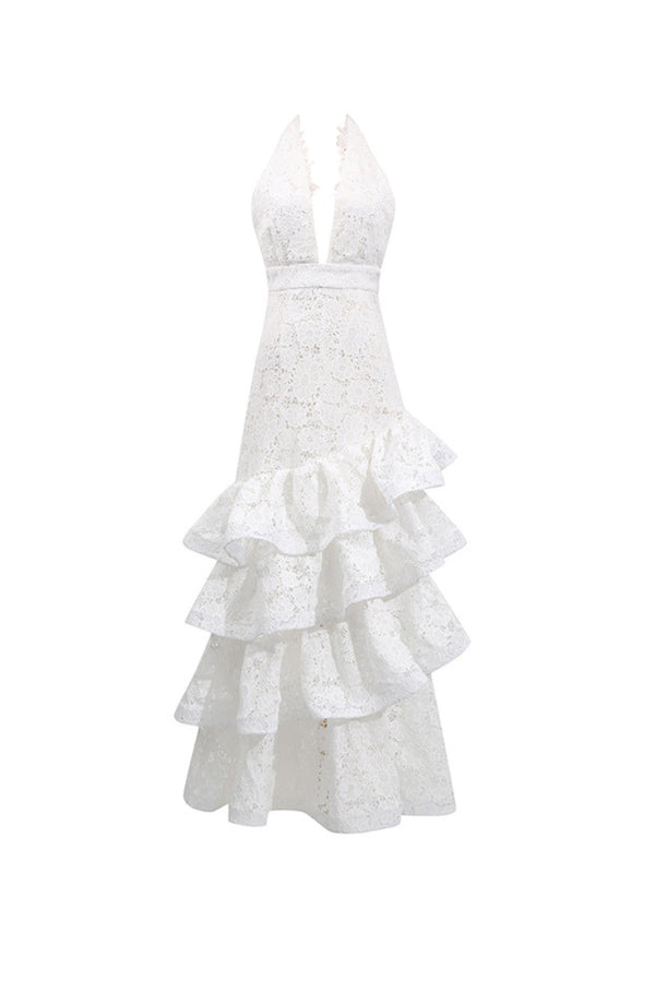 hazel white Deep V-neck halterneck layer ruffle trim maxi dress