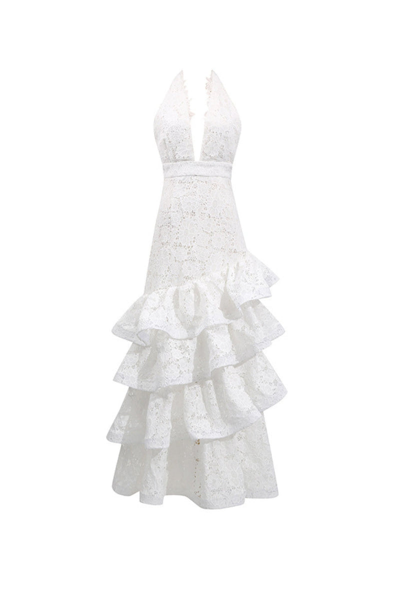 hazel white Deep V-neck halterneck layer ruffle trim maxi dress