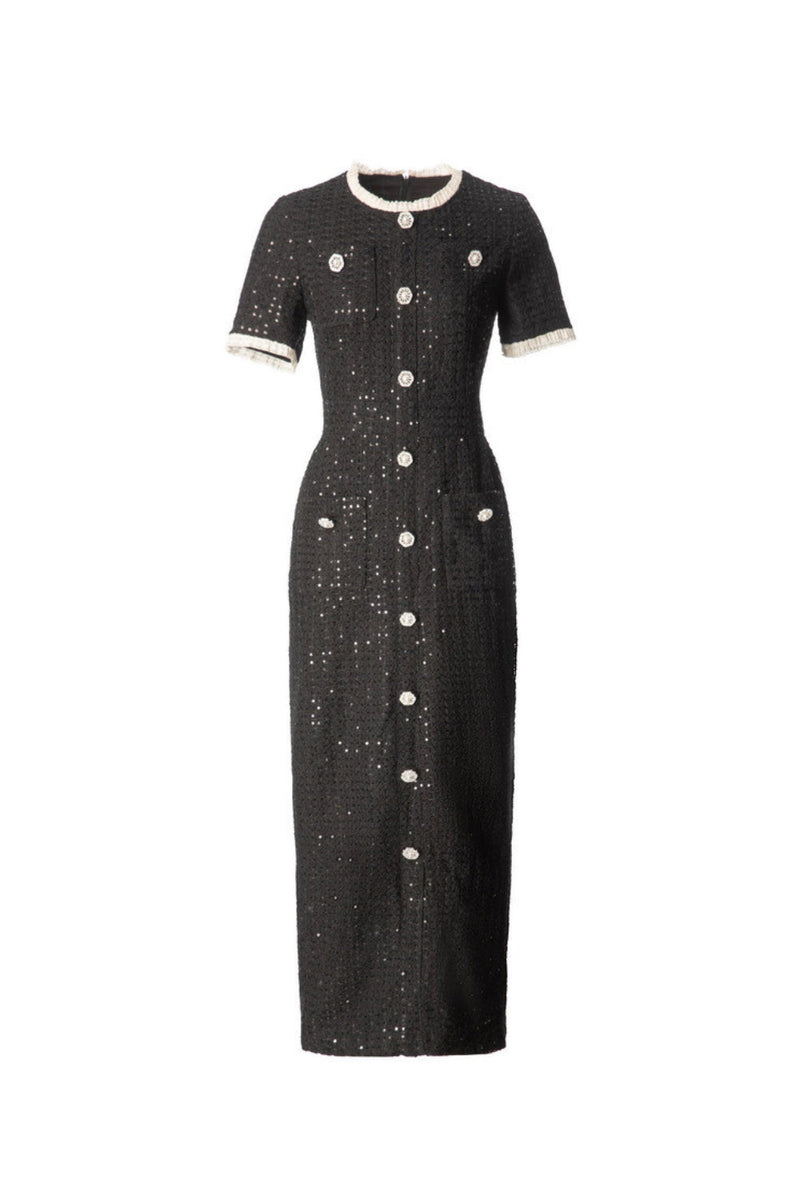 Round Neck Short Sleeves sequin Maxi Dress in black