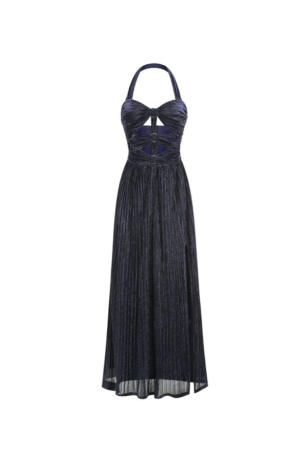 bonnie halter pleated cutout maxi dress in navy blue