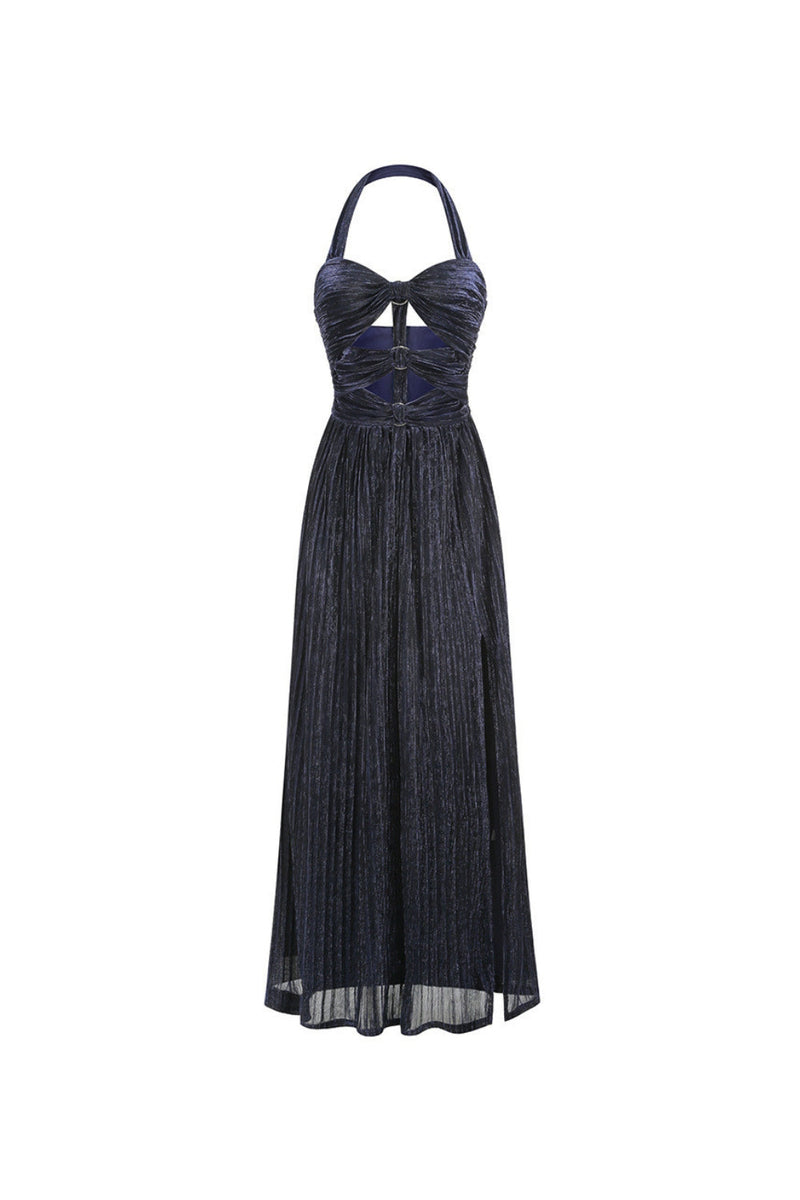 bonnie halter pleated cutout maxi dress in navy blue