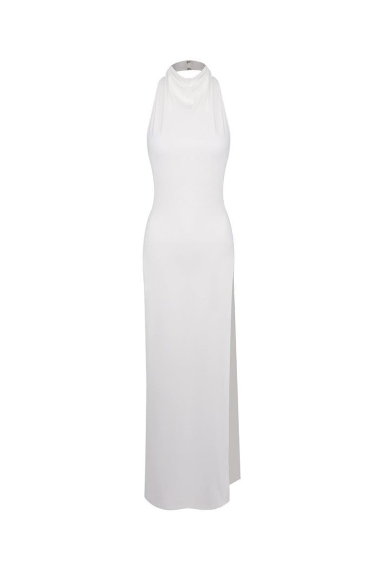 sharon halter backless high slit diamond maxi dress in white