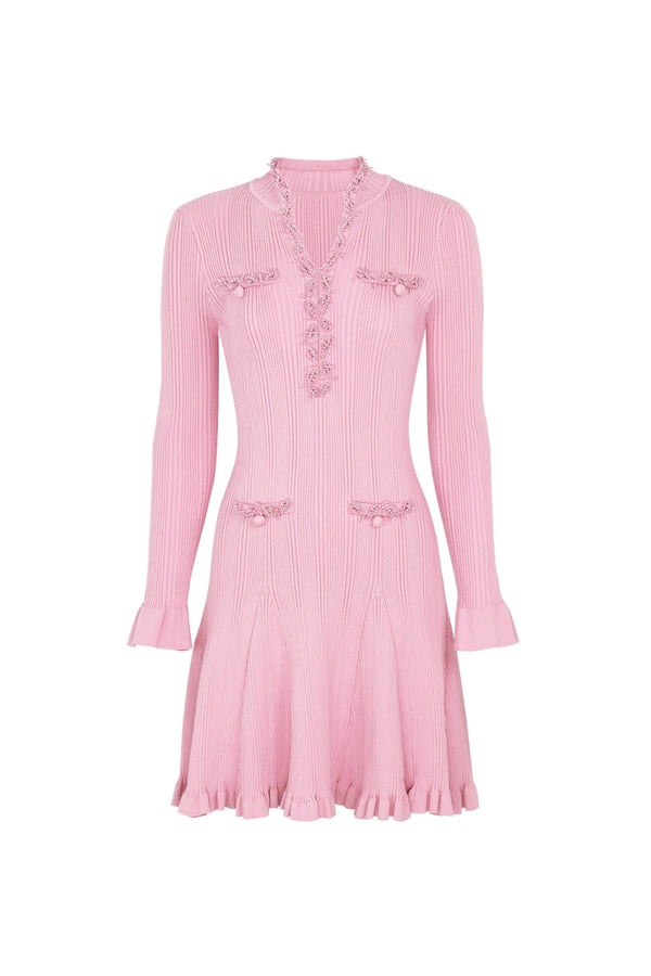 xylia Pink Pearl Trim v-neck Knit Mini Dress