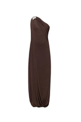 xaviera one-shoulder pleated backless maxi dress in brown