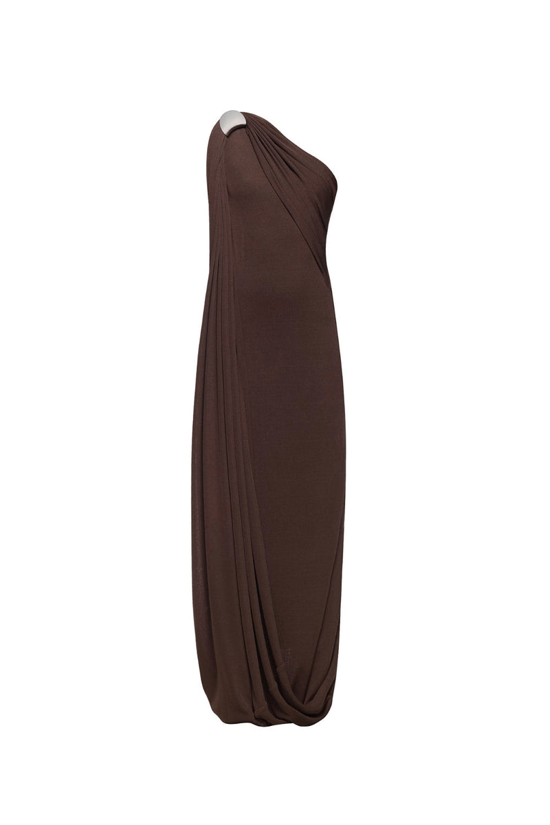 xaviera one-shoulder pleated backless maxi dress in brown