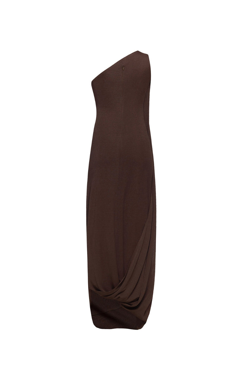 xaviera one-shoulder pleated backless maxi dress in brown