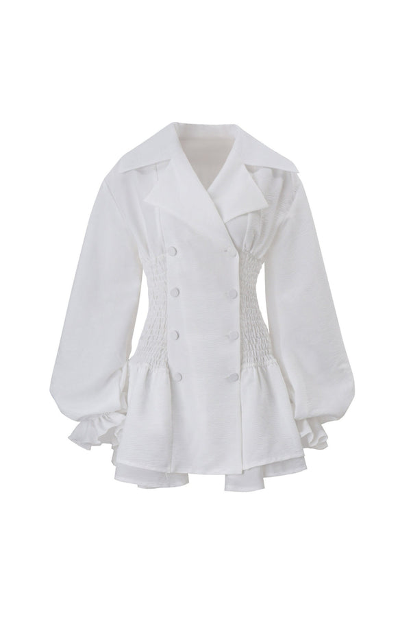 zenobia Large lapel button puff sleeve tutu mini dress in white