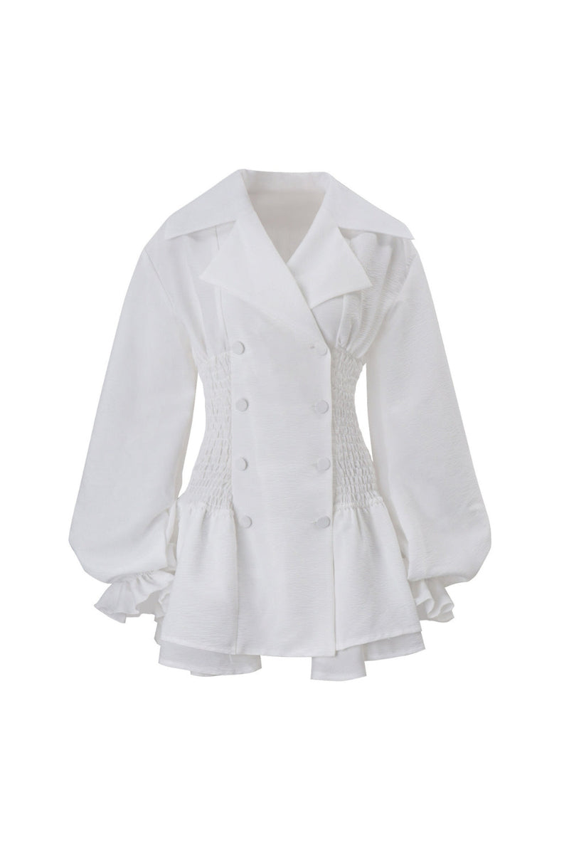 zenobia Large lapel button puff sleeve tutu mini dress in white