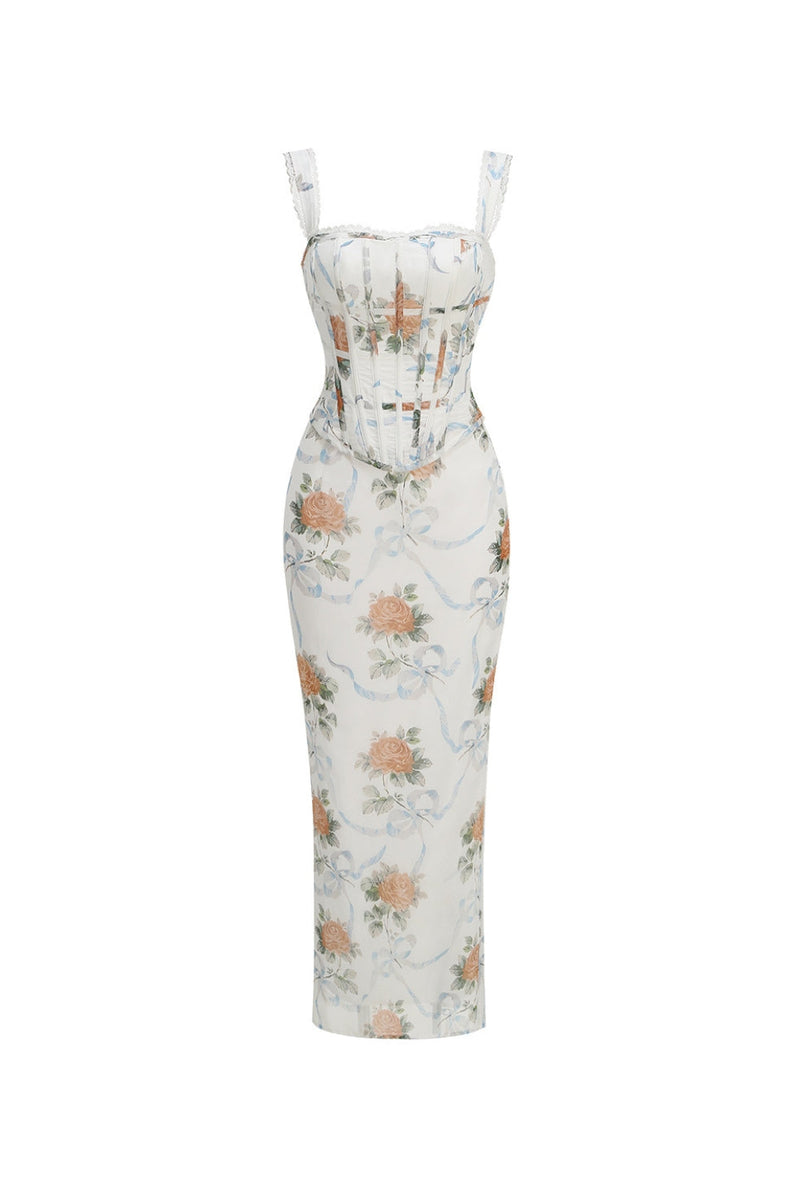 phoenix white Floral Print Fitted Corset Maxi Dress