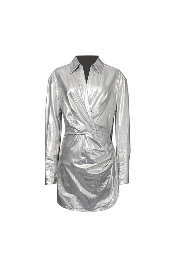 maud Metallic pleated shirt mini Dress in silver