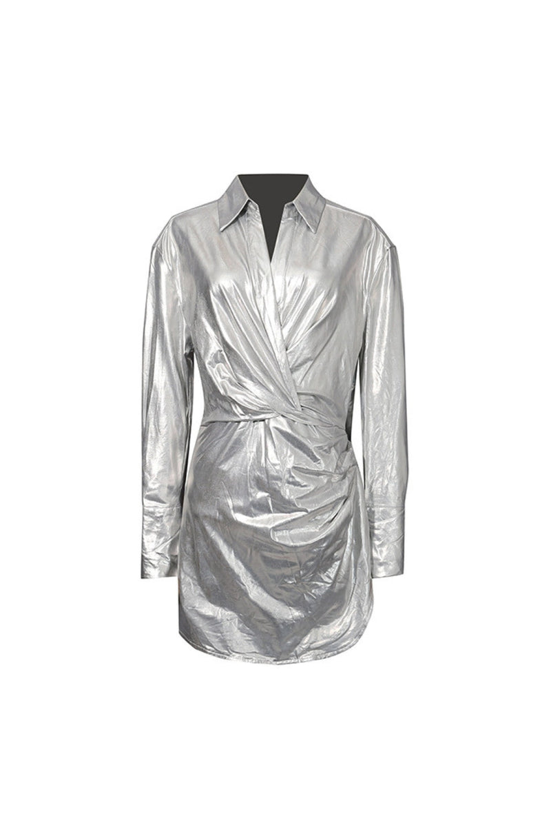 maud Metallic pleated shirt mini Dress in silver