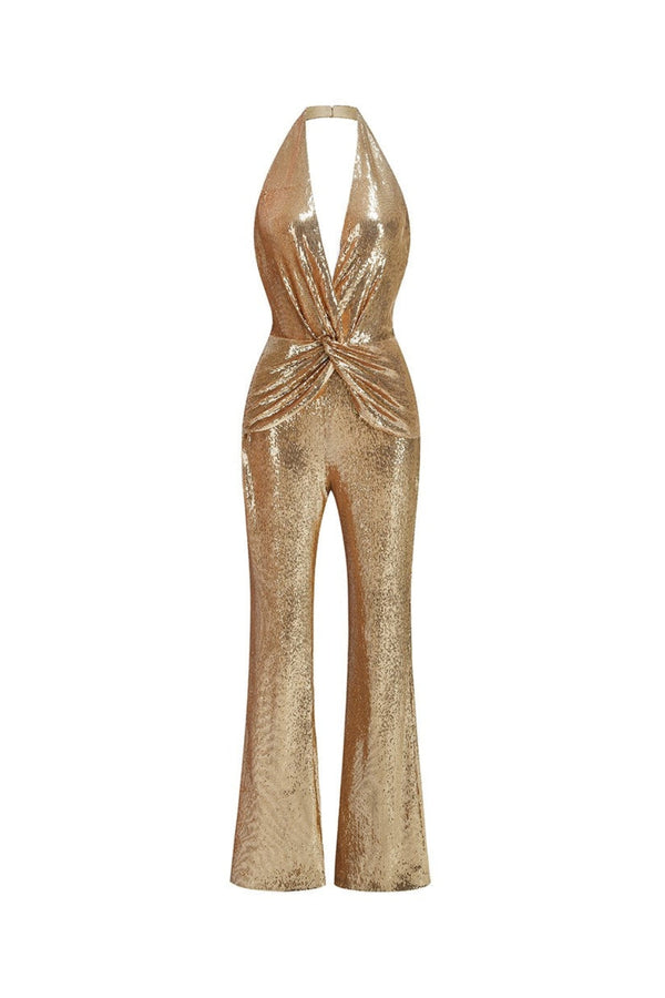 nora gold Sequin halterneck deep V high waist flared jumpsuit