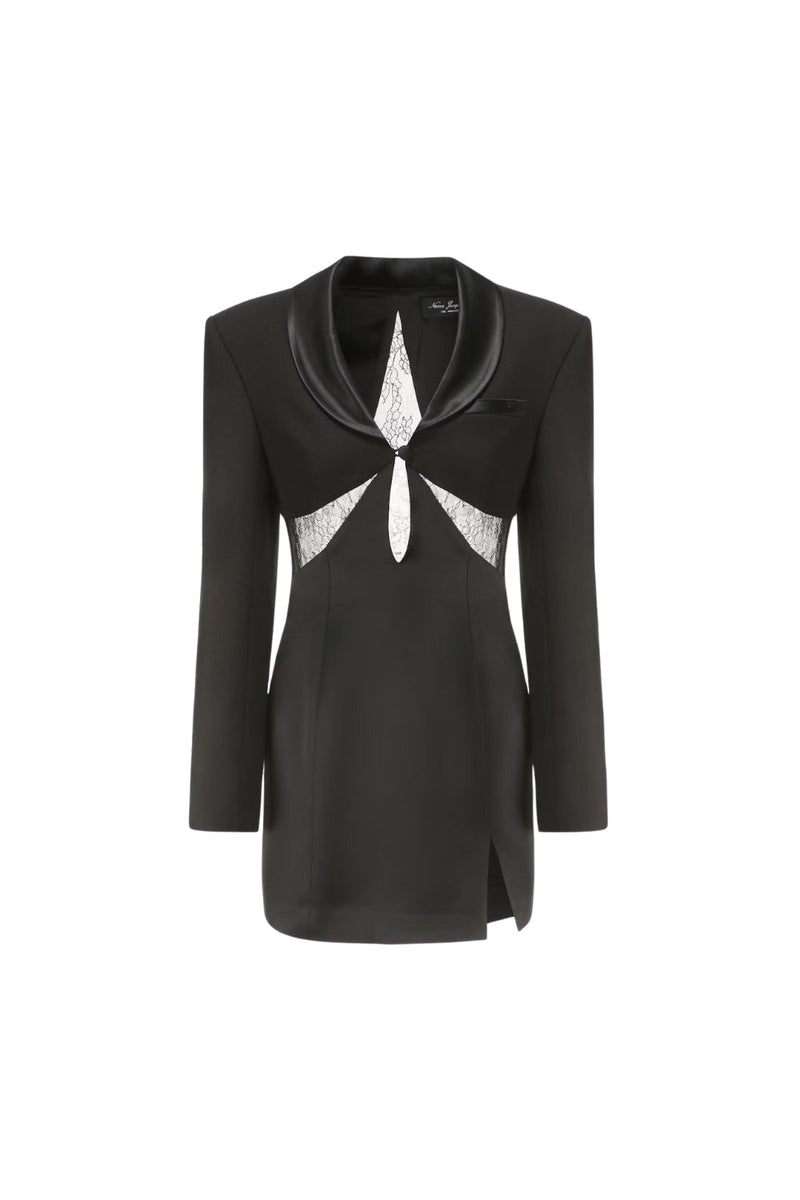 prima Lace see-through blazer mini dress in black