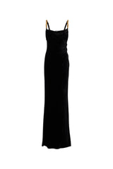 mag black Metal chain strap square neck velvet maxi dress