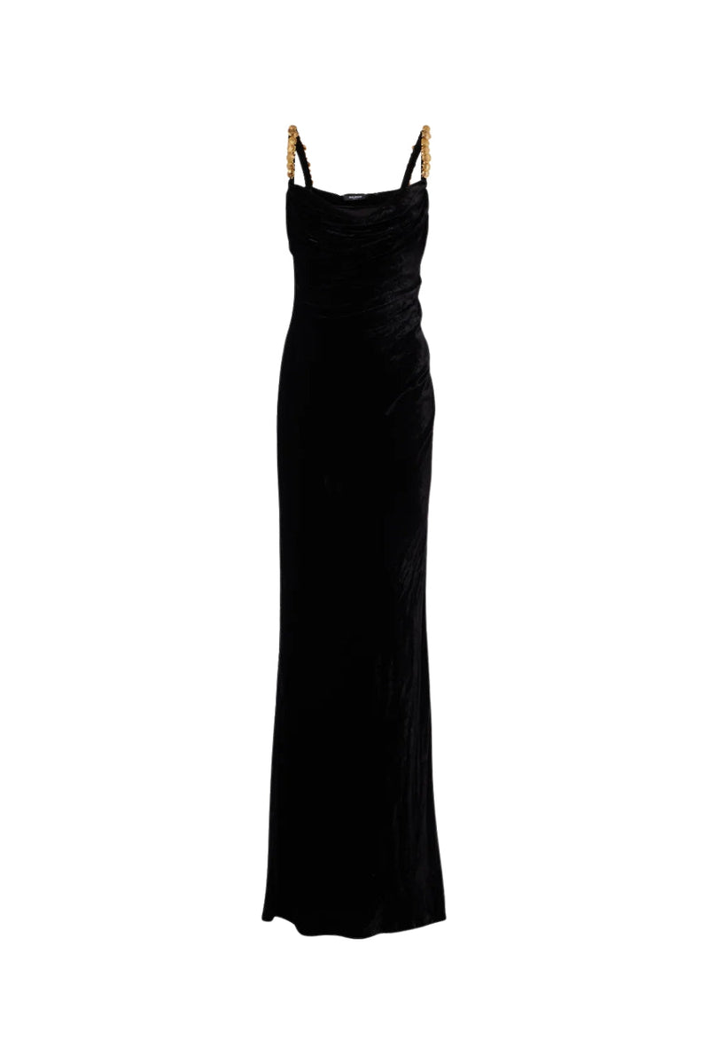 mag black Metal chain strap square neck velvet maxi dress