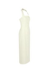 Almond Woven Halter Button Maxi Dress