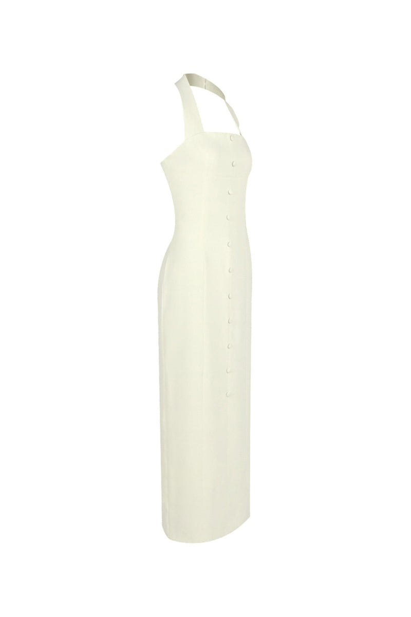 Almond Woven Halter Button Maxi Dress