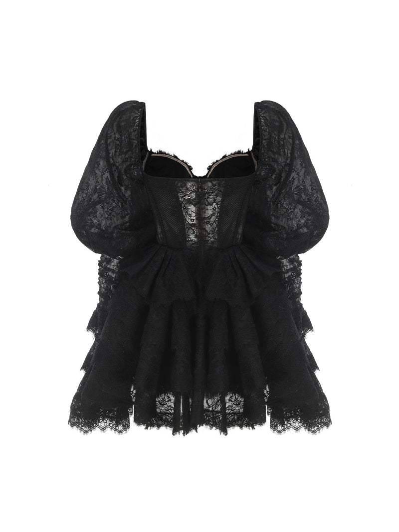 PUFF SLEEVE LACE MINI DRESS IN BLACK