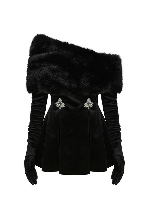 daphne long sleeve fur Velvet mini Dress in black
