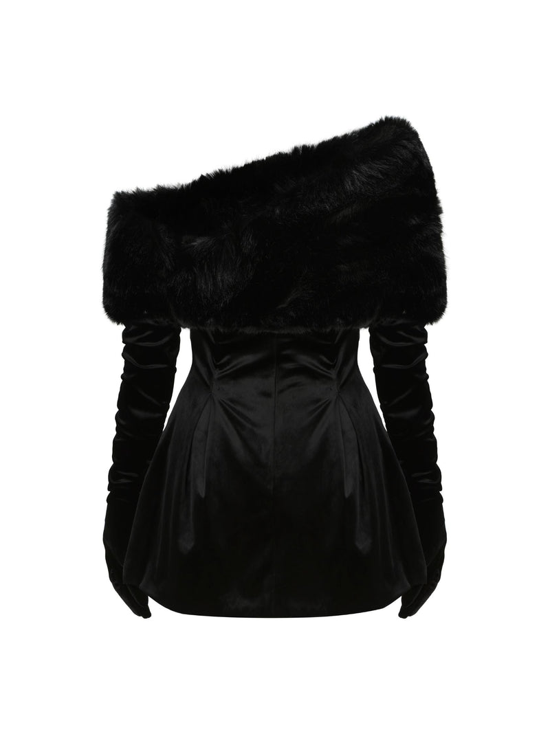 daphne long sleeve fur Velvet mini Dress in black