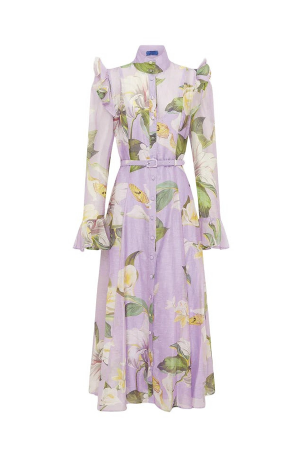 winni Lily Blossom Print Lilac Butterfly Sleeve Midi Dress