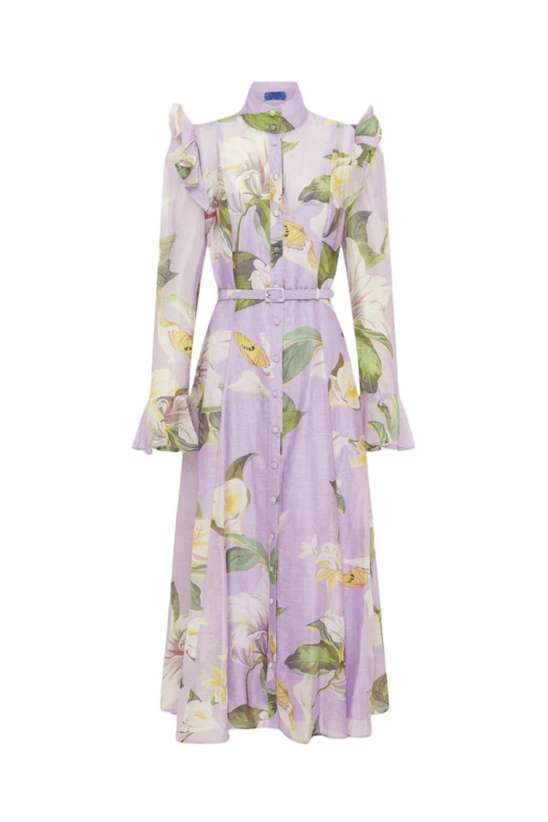 winni Lily Blossom Print Lilac Butterfly Sleeve Midi Dress