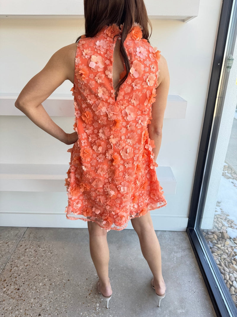 3d floral bluebell Trapeze Dress in Orange